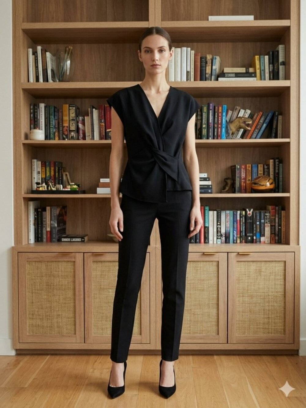 Zara Black Knotted Crepe V-Neck Blouse Size Medium